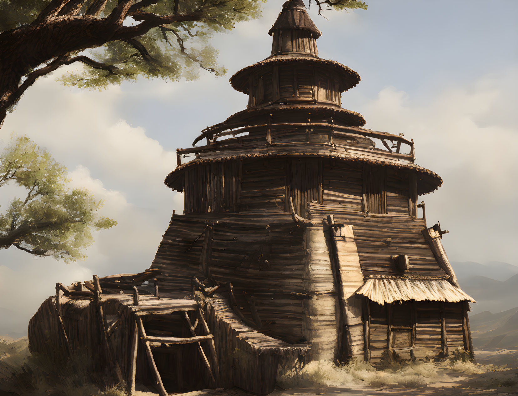 Traditional wooden pagoda-style tower in dry landscape with thatched roof.