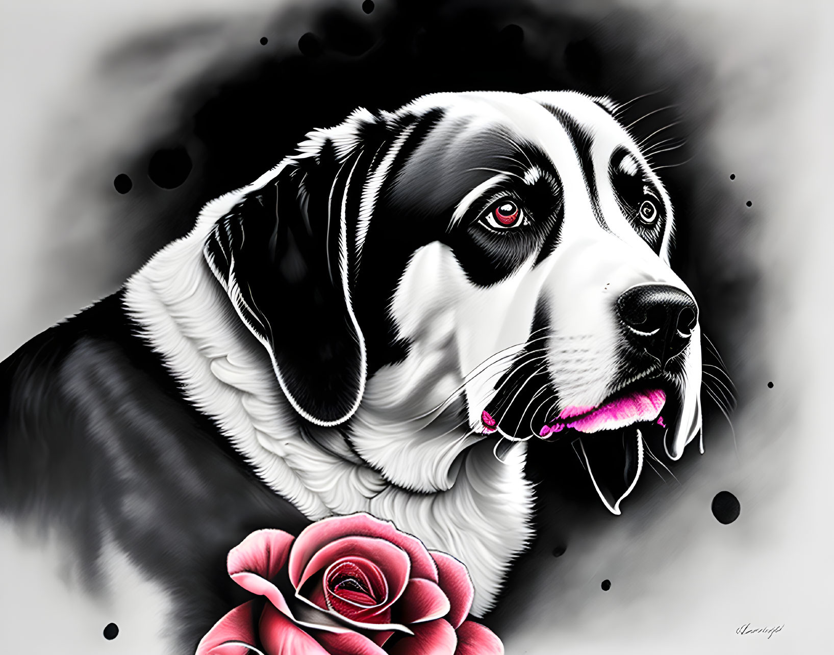 Monochrome dog portrait with pink rose in digital art