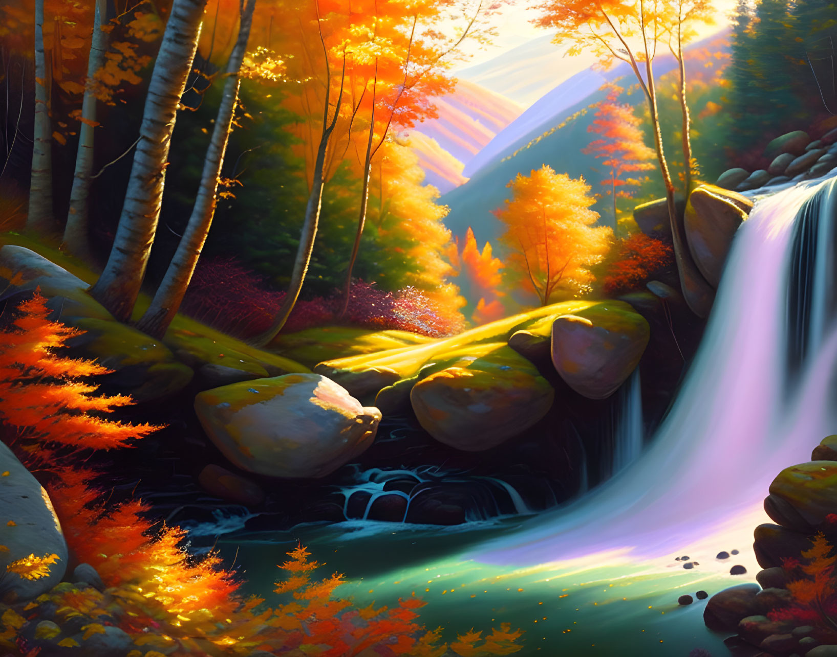 Tranquil autumn waterfall scene with colorful trees