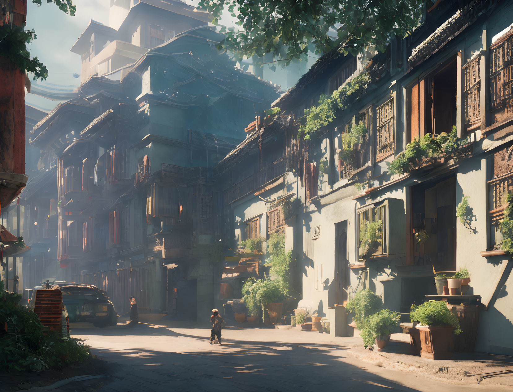 Tranquil narrow street with traditional wooden houses and cyclist