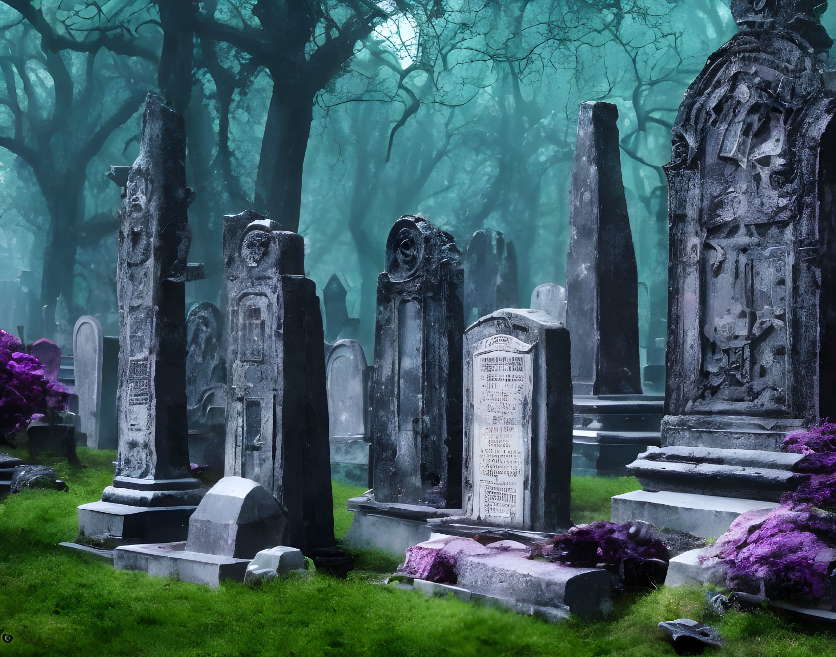 Misty graveyard with tombstones, purple flowers, and greenish fog