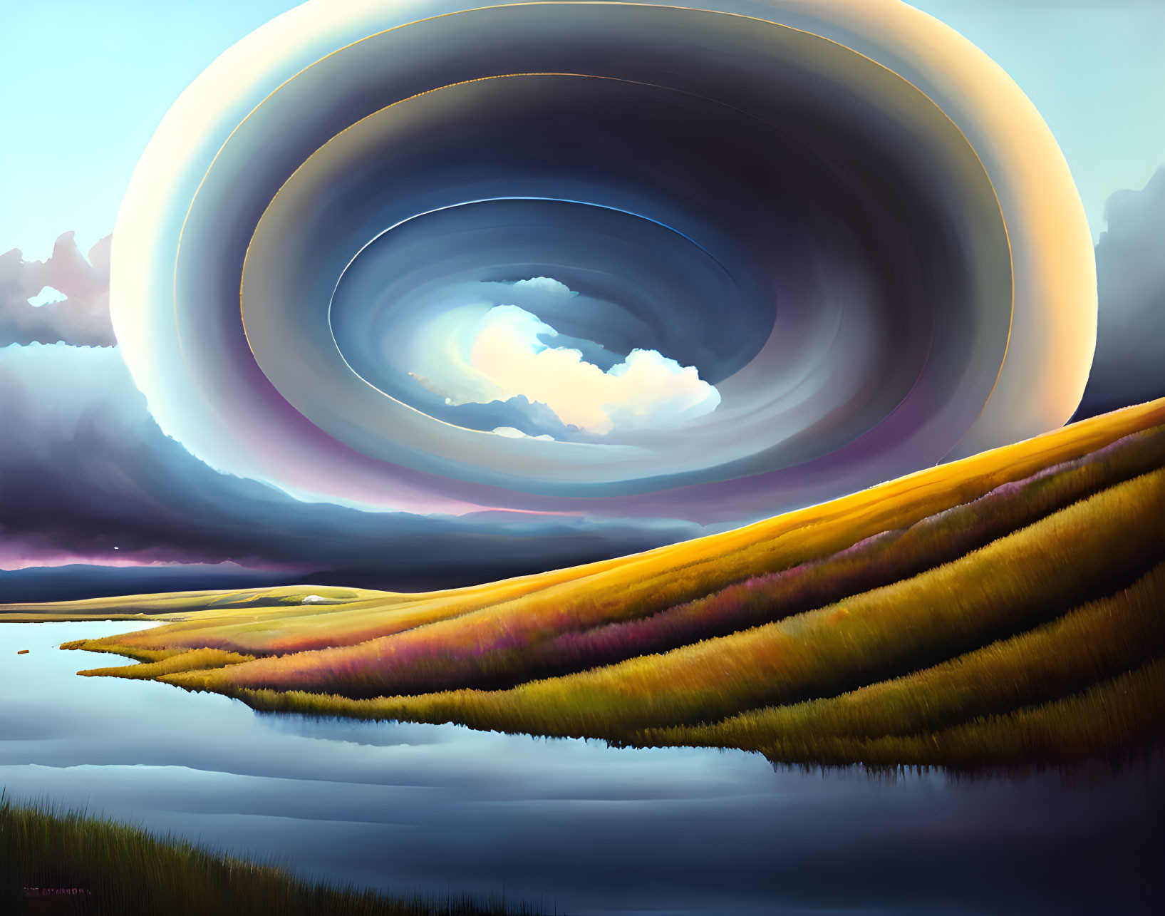 Surreal landscape with golden grass hills and swirling sky clouds