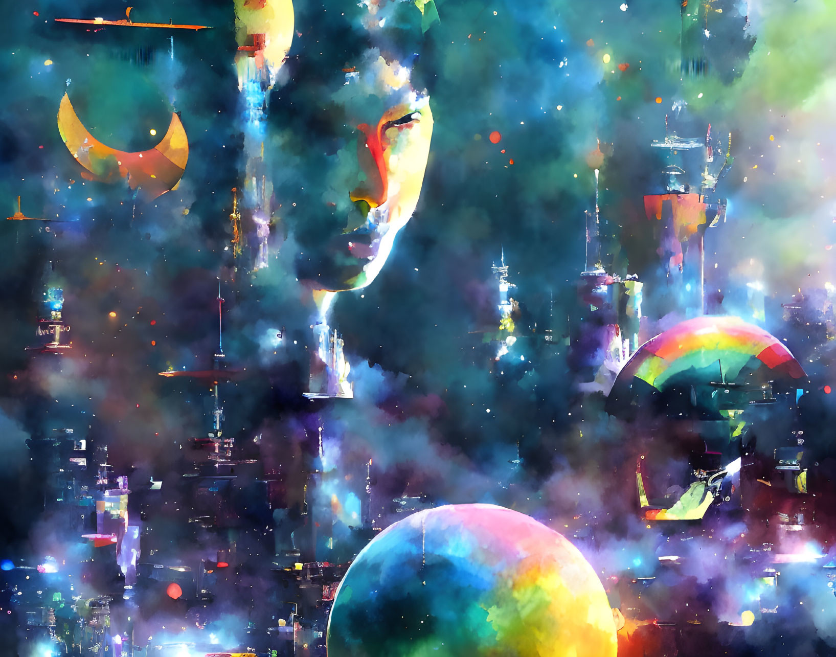 Colorful digital artwork: female silhouette on cosmic cityscape