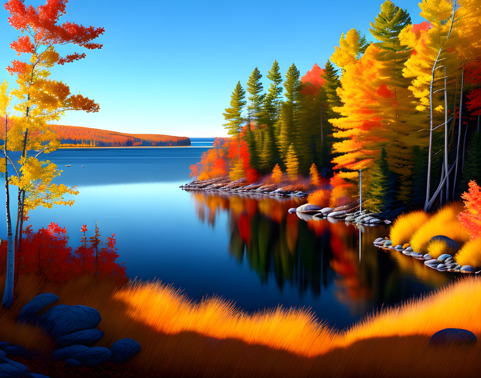 Vibrant autumn scene with fiery foliage and tranquil lake under clear blue sky