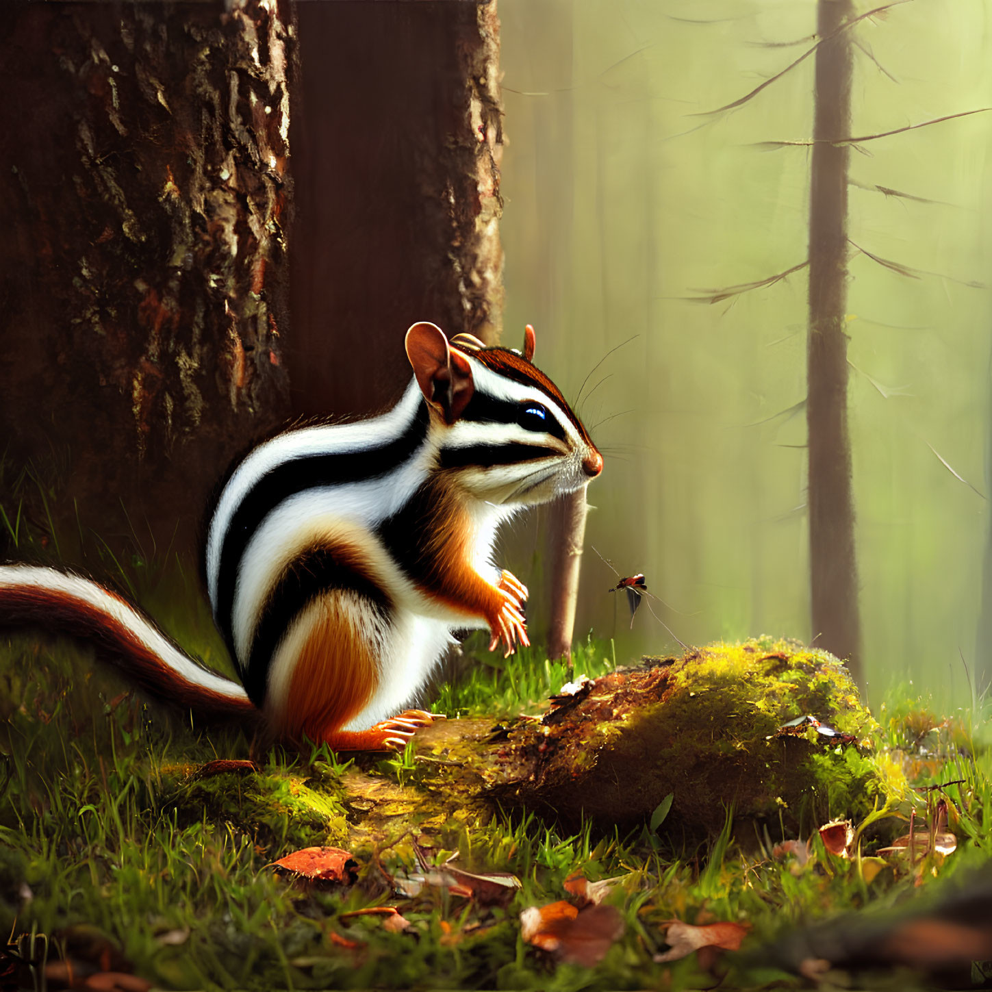 Chipmunk with black and white stripes watching butterfly on mossy rock in forest