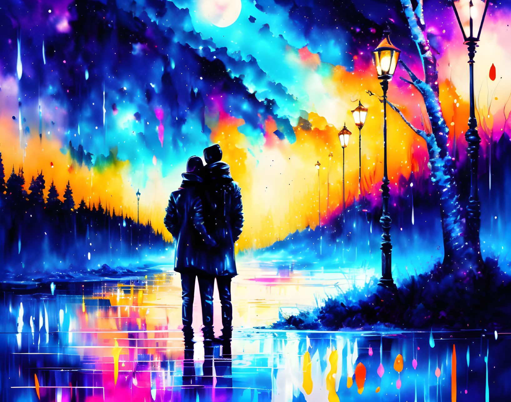 Romantic painting of couple embracing lakeside under colorful starry night sky