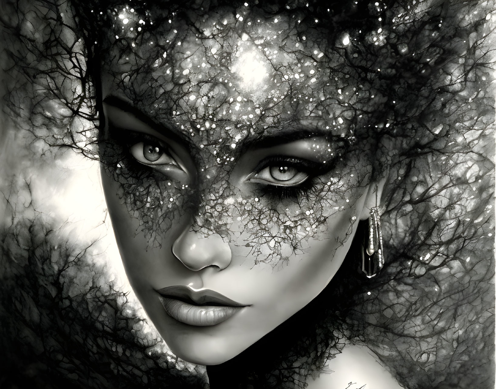 Monochrome digital art of woman with striking eyes and lace veil.