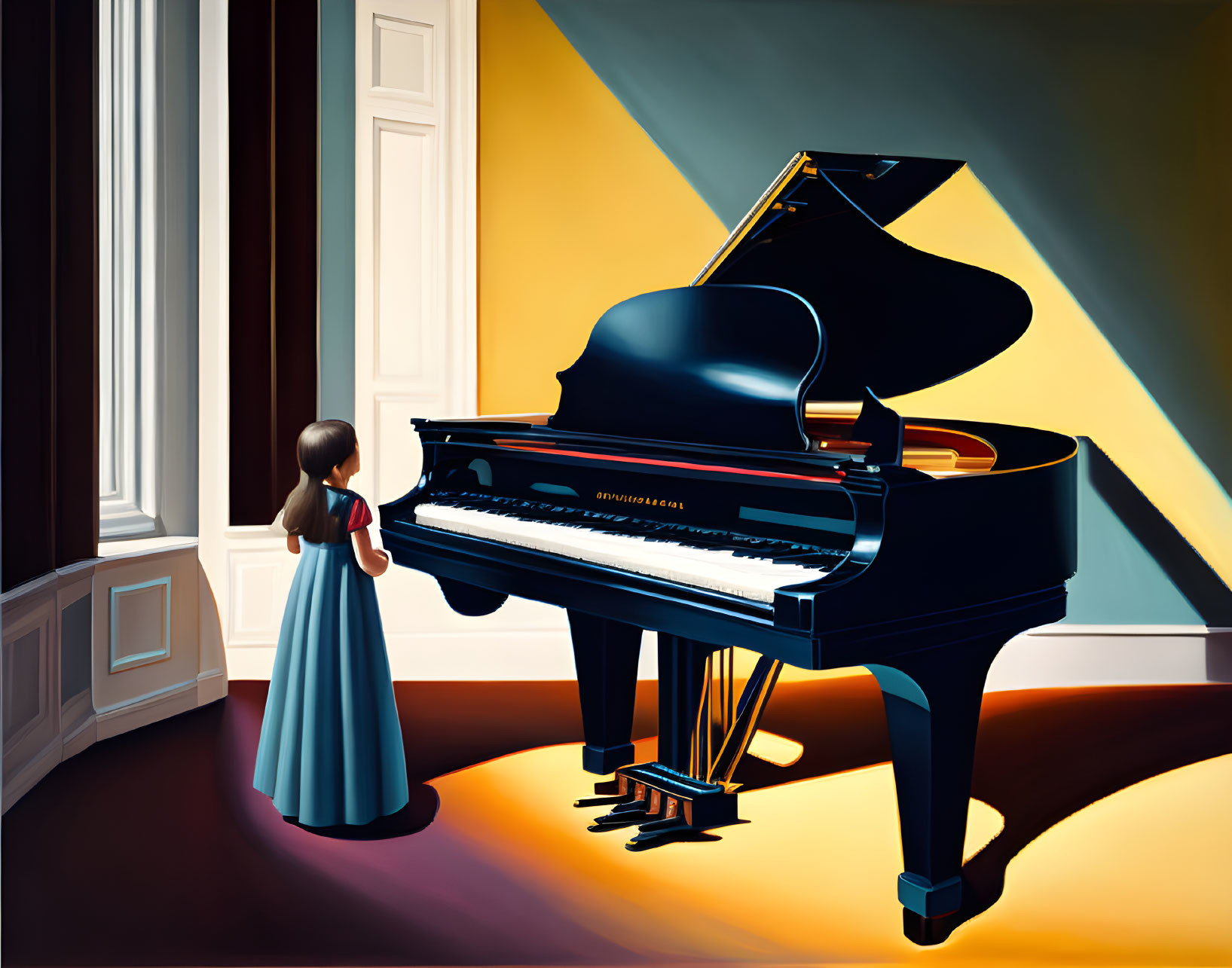 Young girl in blue dress by grand piano in room with geometric shadows