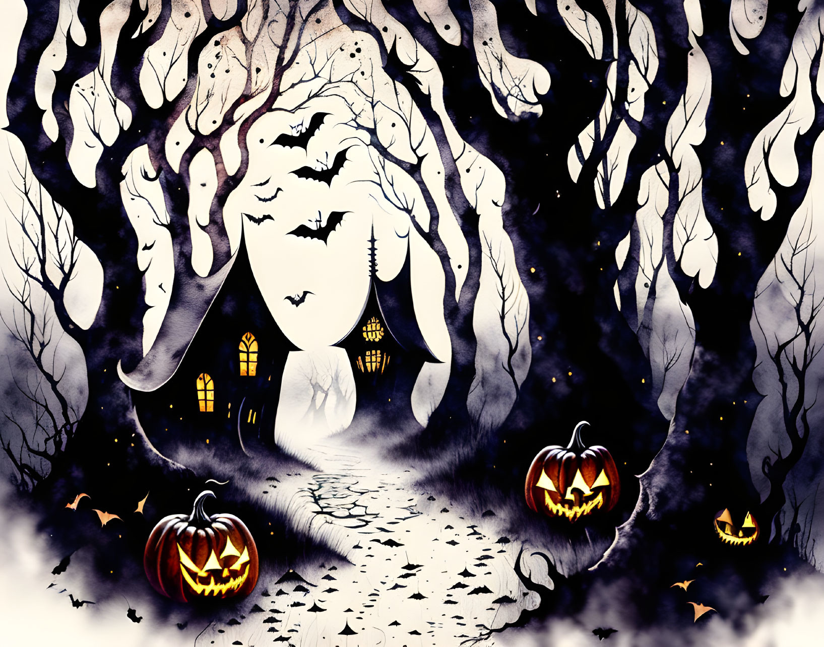 Halloween-themed illustration of ghostly female face in spooky landscape