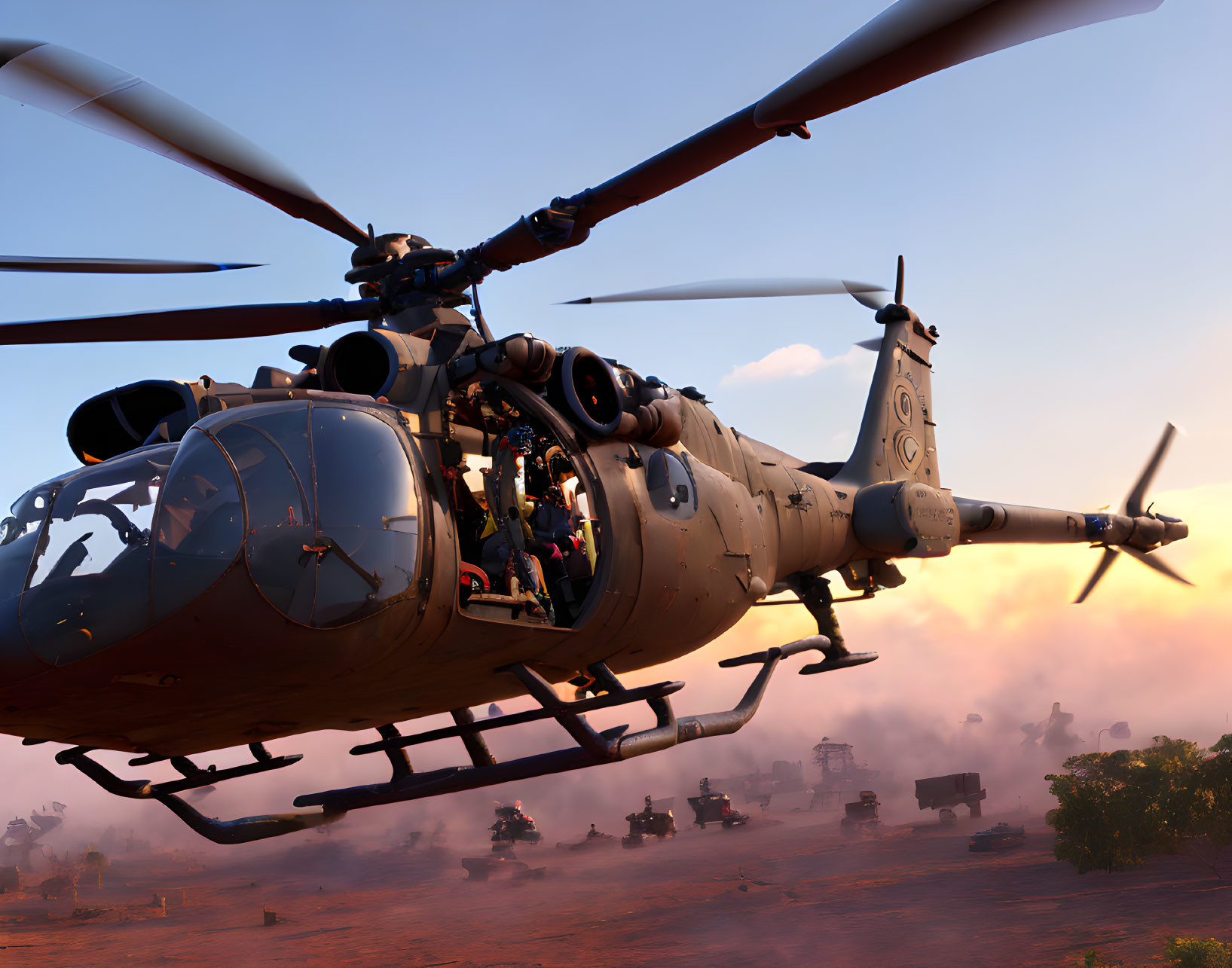 Military Helicopter Flies Over Desert Convoy at Sunset