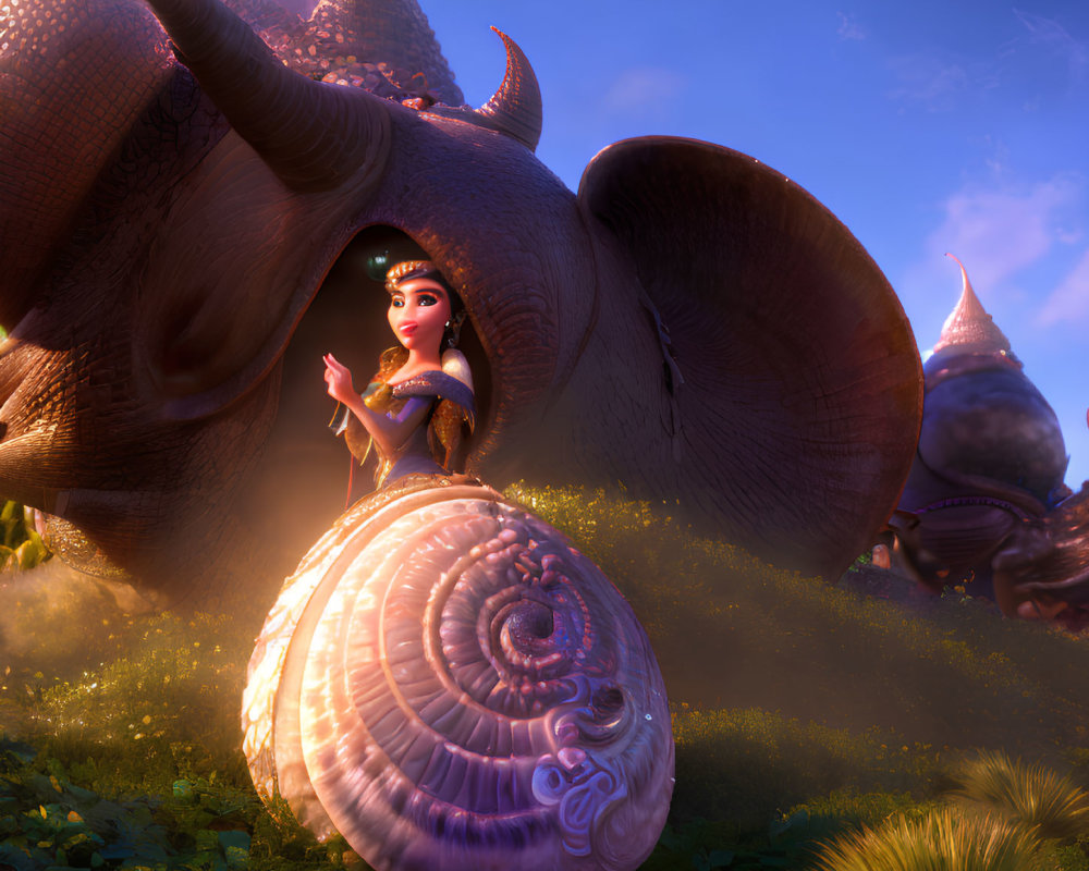 Animated princess interacts with giant snail in magical forest landscape