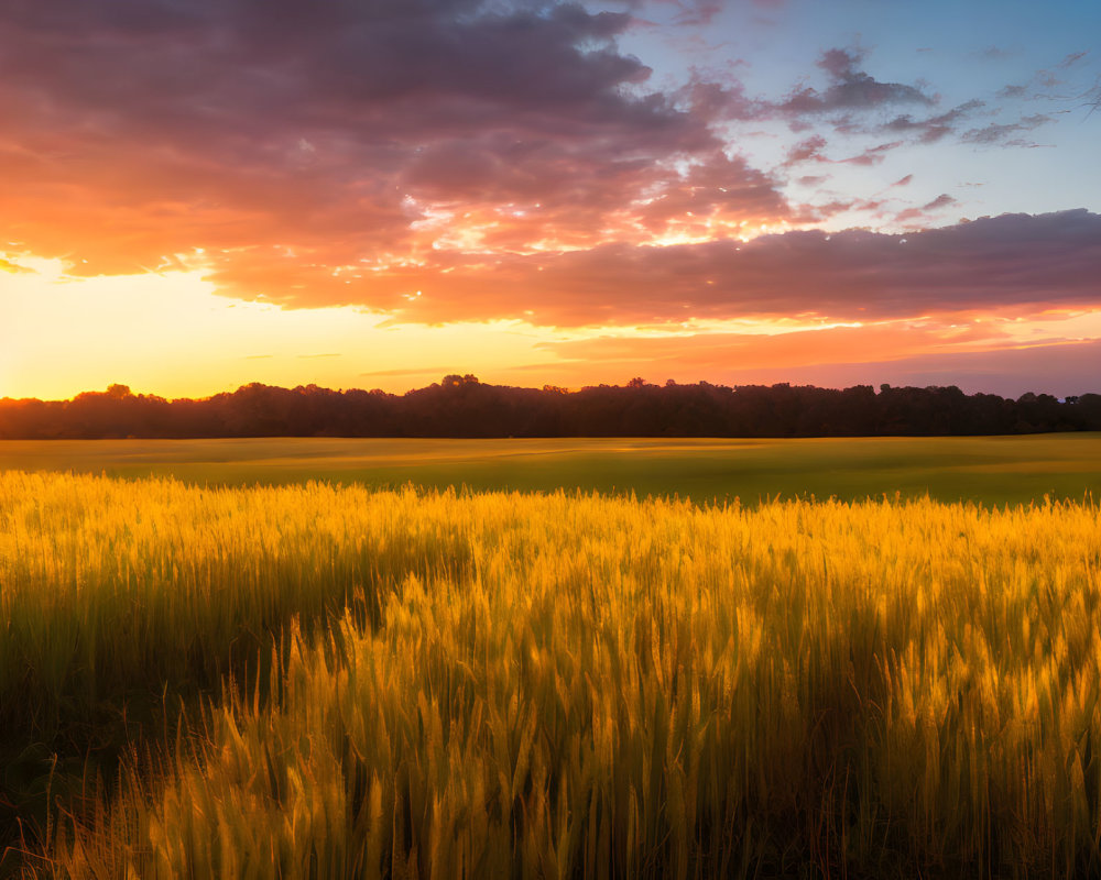 Fiery sunset over golden wheat field in tranquil countryside