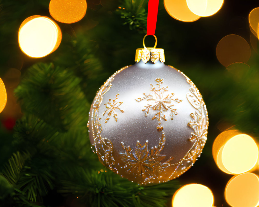 Silver Christmas ornament with golden snowflakes on tree with bokeh lights