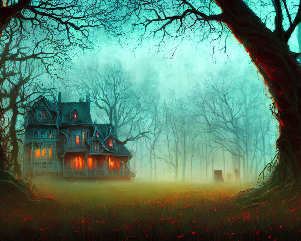 Spooky house with gnarled trees, fog, glowing windows, red flowers, and mystical sky