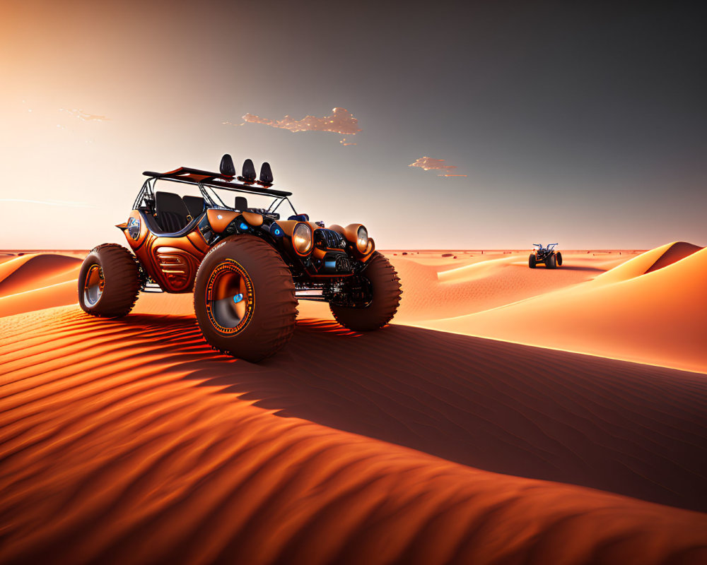 Off-road buggy parked on sand dunes under clear sky, another buggy in distance