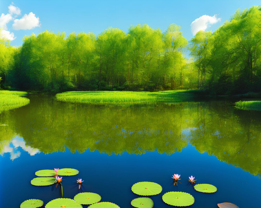 Tranquil lake with water lilies and lush green trees under clear blue sky