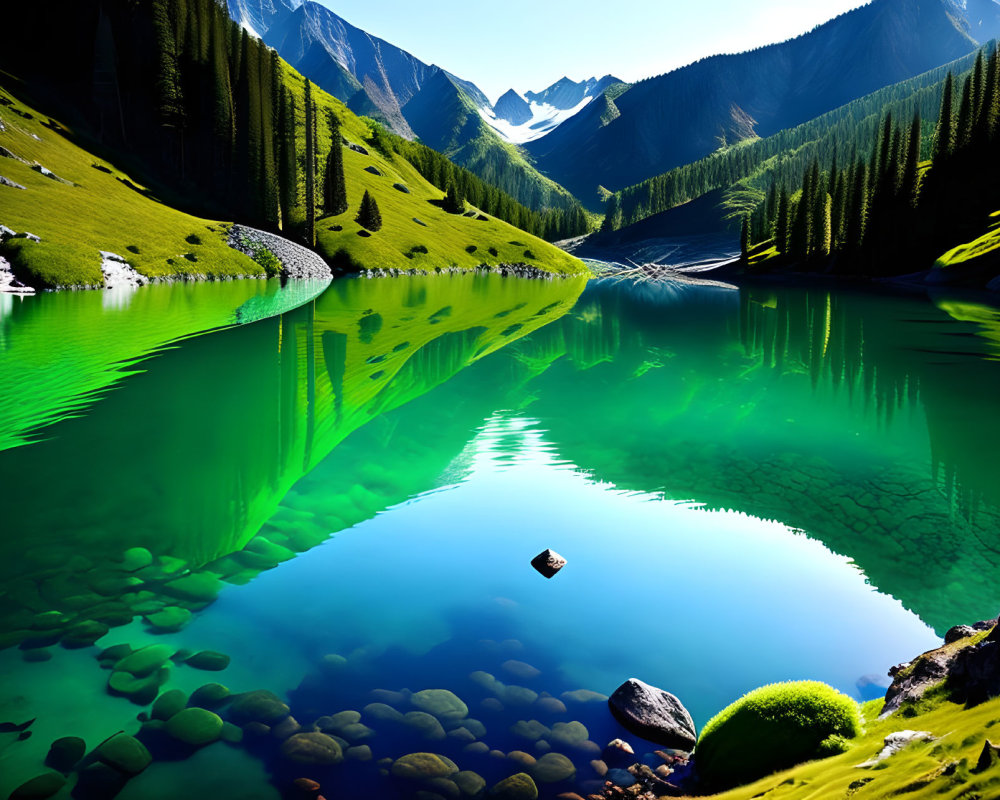 Scenic alpine lake nestled among steep mountains and lush trees