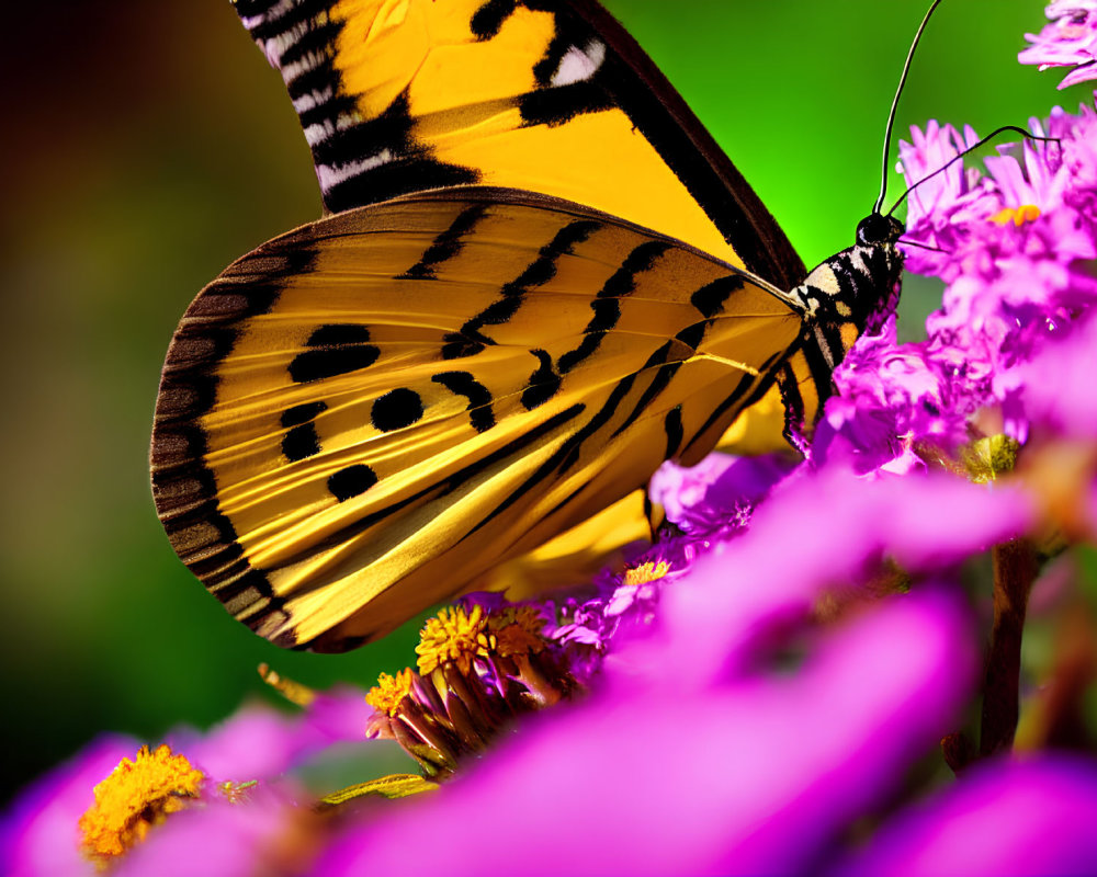 Yellow and Black Striped Butterfly on Pink Flowers with Green Background