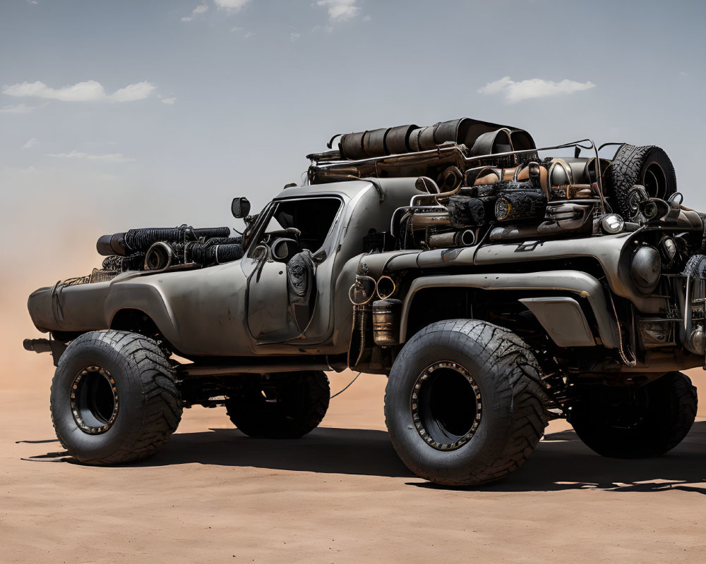 Custom Desert Off-Road Vehicle with Oversized Tires and Gear Storage