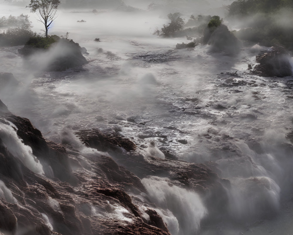 Scenic misty waterfall with tree in foggy landscape