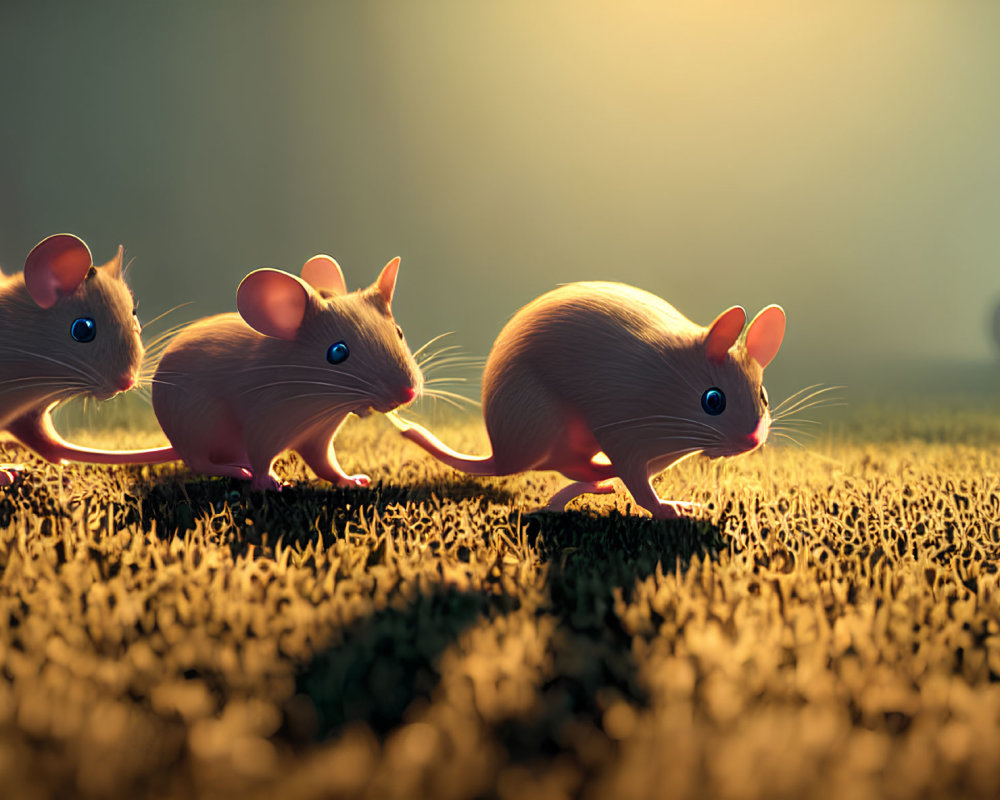 Three animated mice in a row under warm sunlight