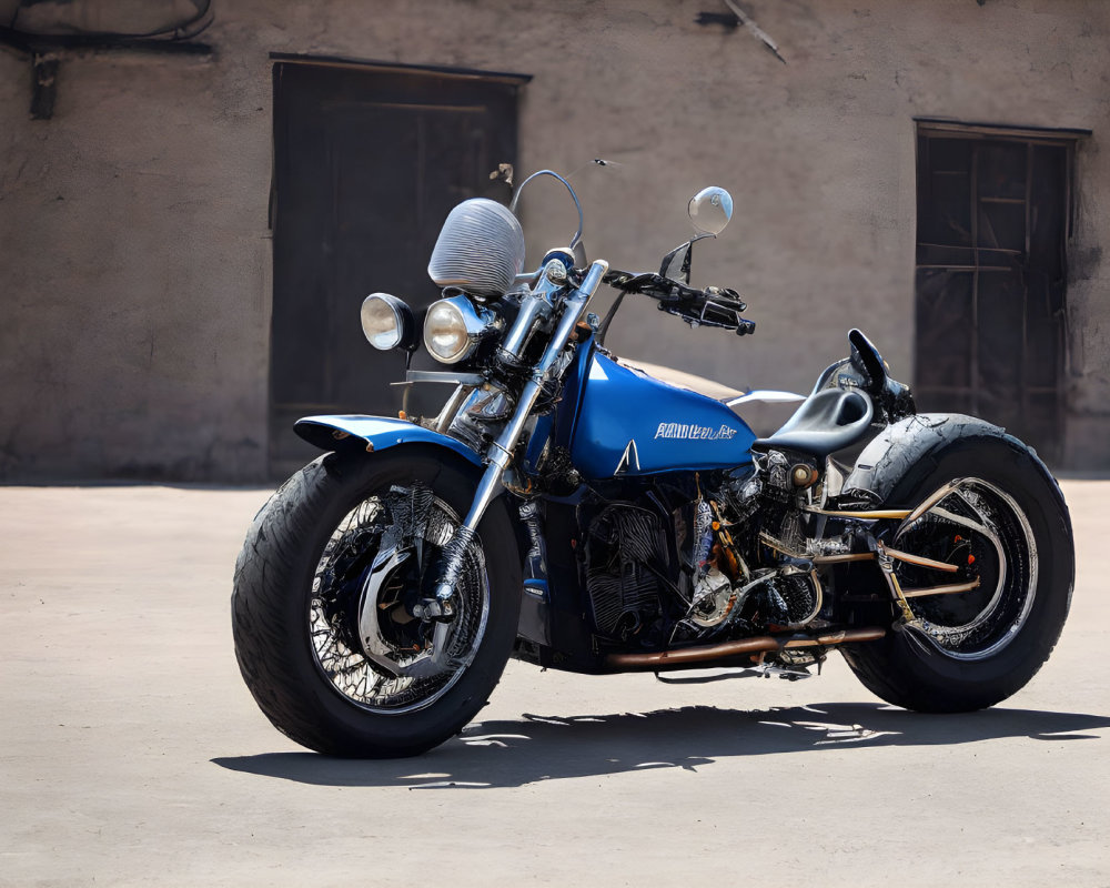 Blue Custom Motorcycle with Sidecar and Retro Design on Concrete Surface