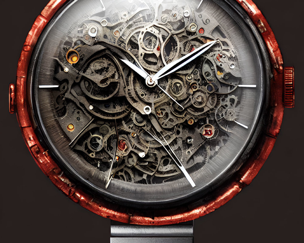 Luxury Skeleton Watch with Exposed Gears and Red Bezel