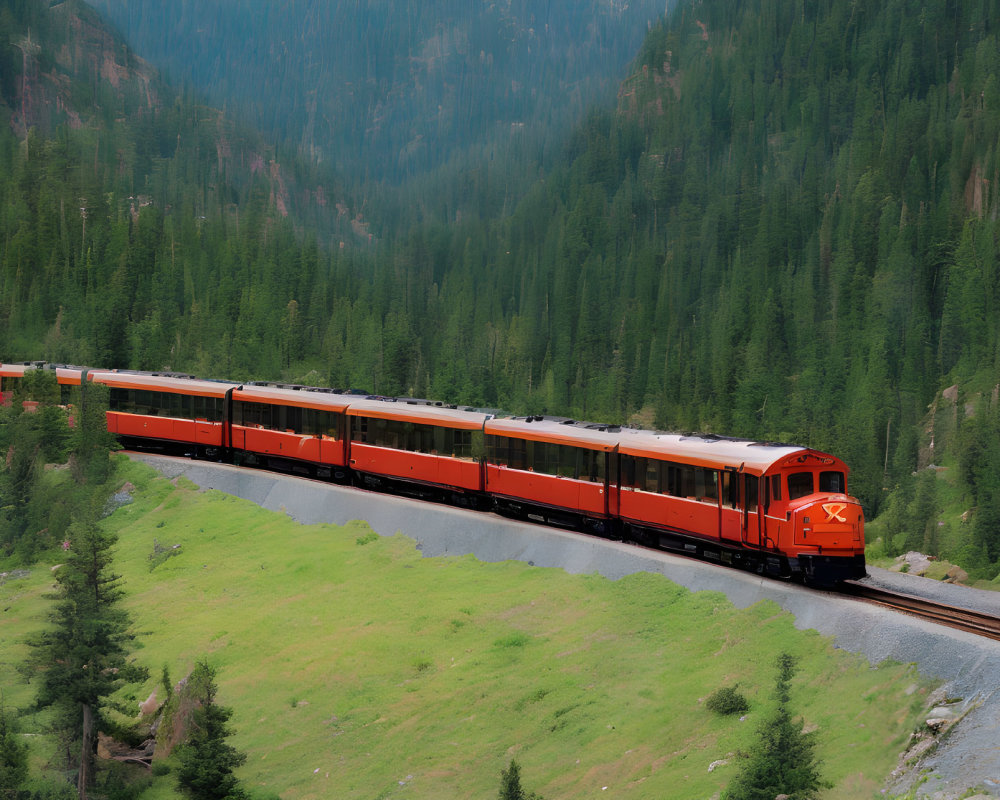 Red Train Snaking Through Lush Green Mountainous Landscape