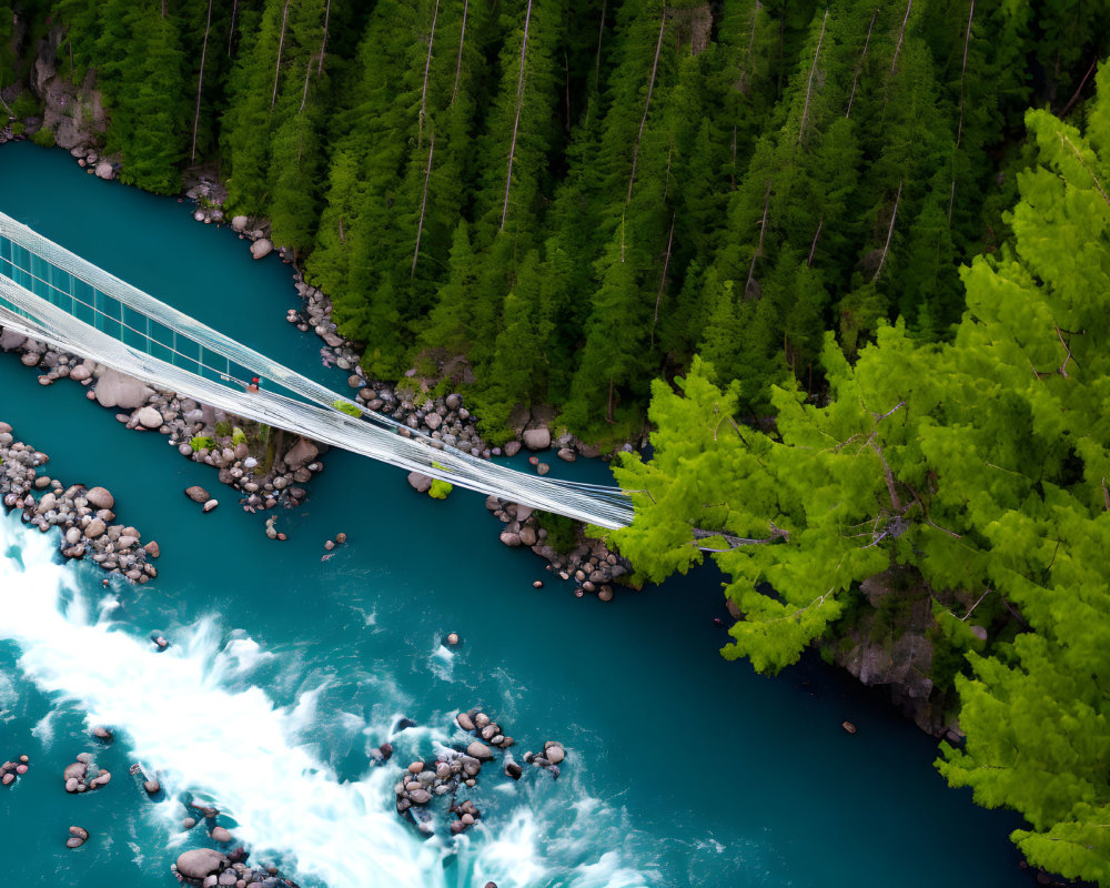 Suspension bridge over turquoise river with green trees.