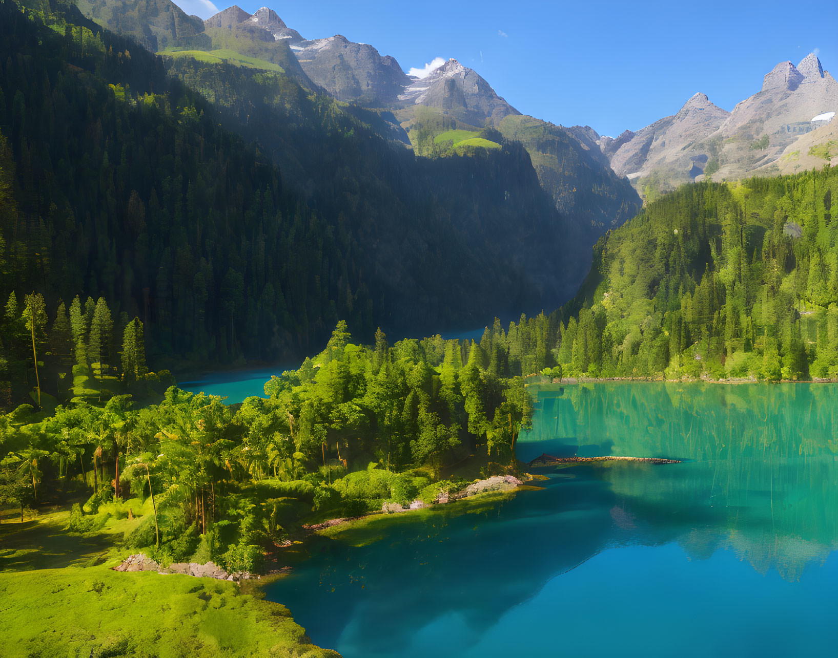 Tranquil Lake with Turquoise Waters, Greenery, and Mountains