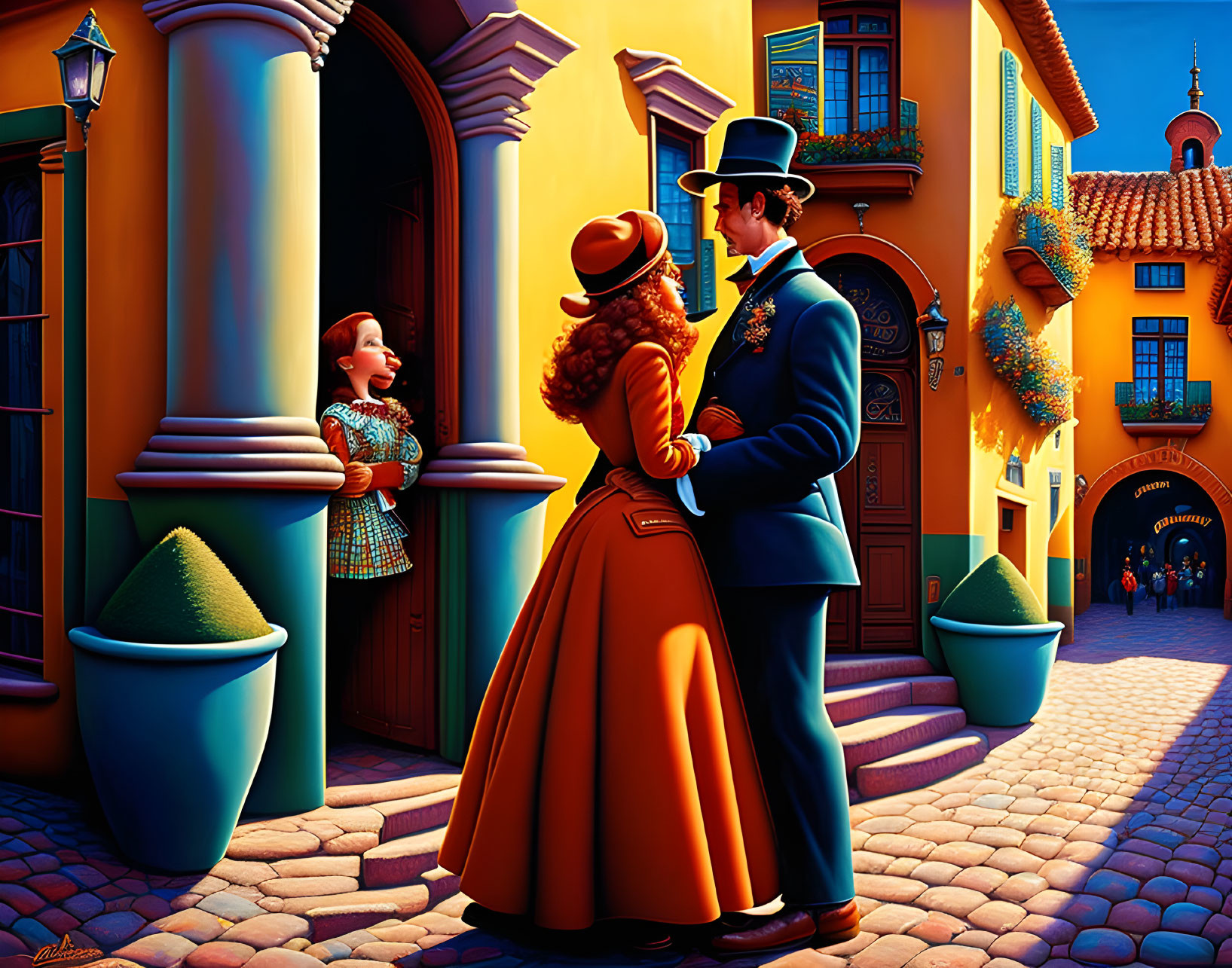 Colorful Scene: Man in Blue Suit, Woman in Orange Dress, Child Watching in Charming Old