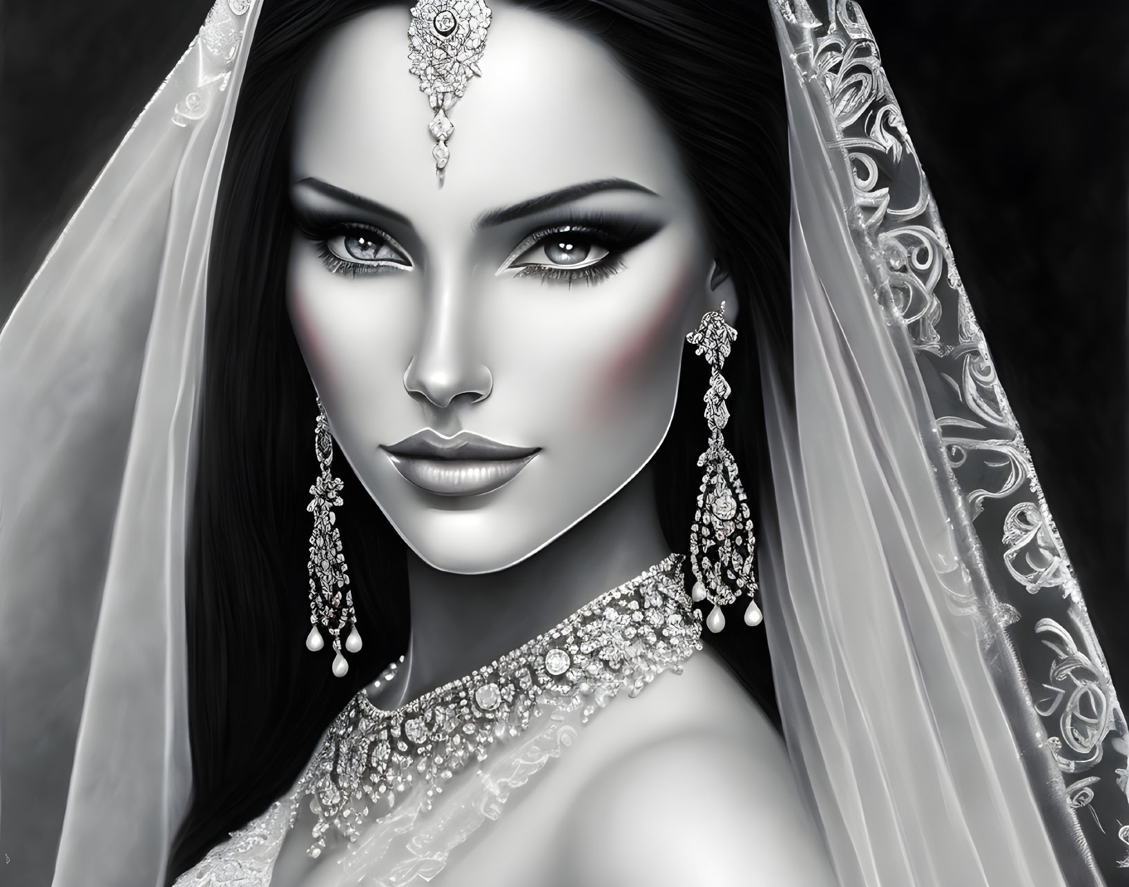 Monochrome digital painting of a woman with striking eyes and elegant jewelry.