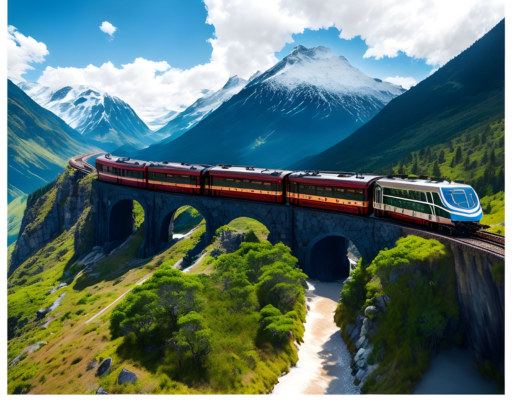 Scenic red and white train crossing stone bridge in mountain valley