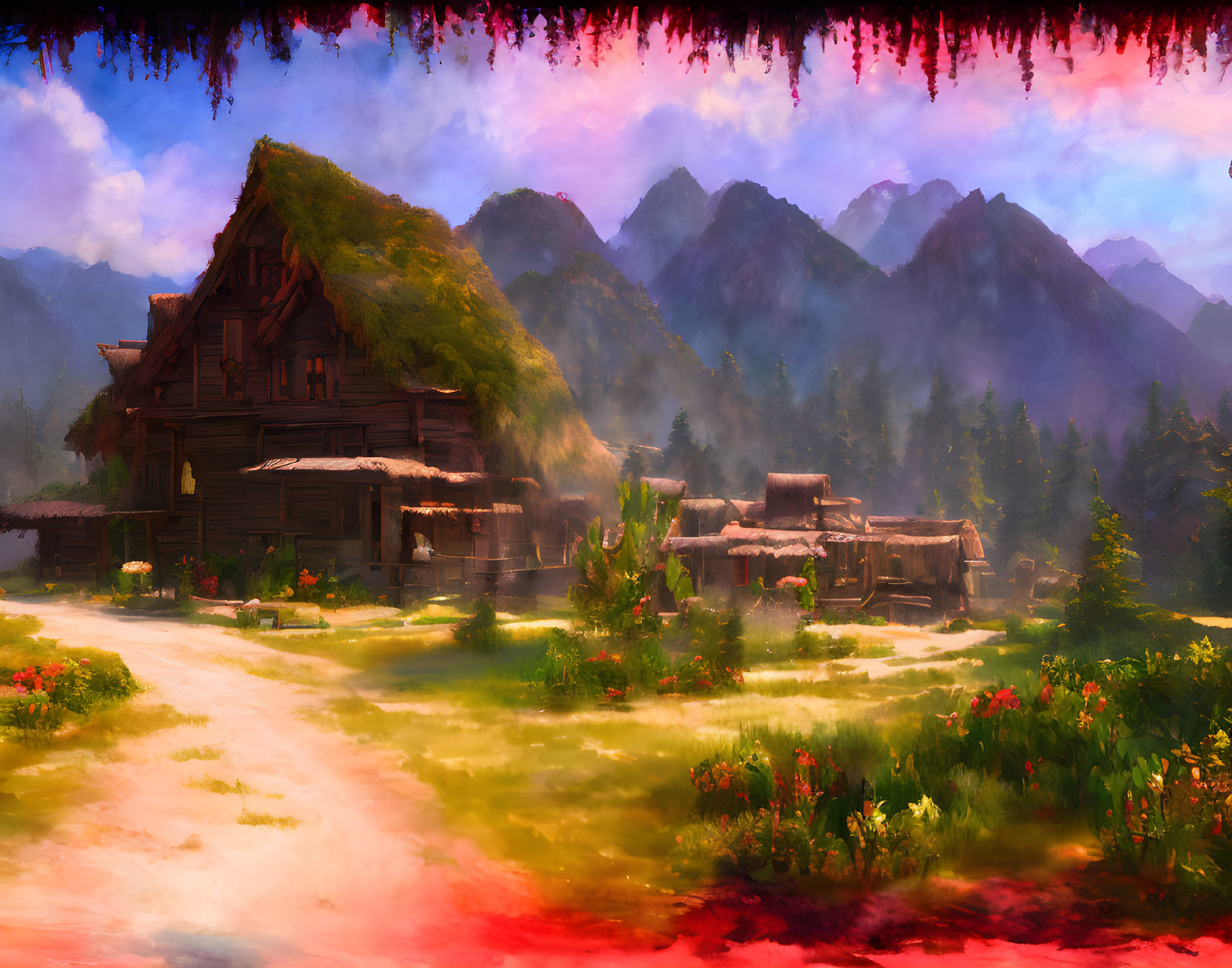 Colorful artwork: Rustic village in lush mountain setting