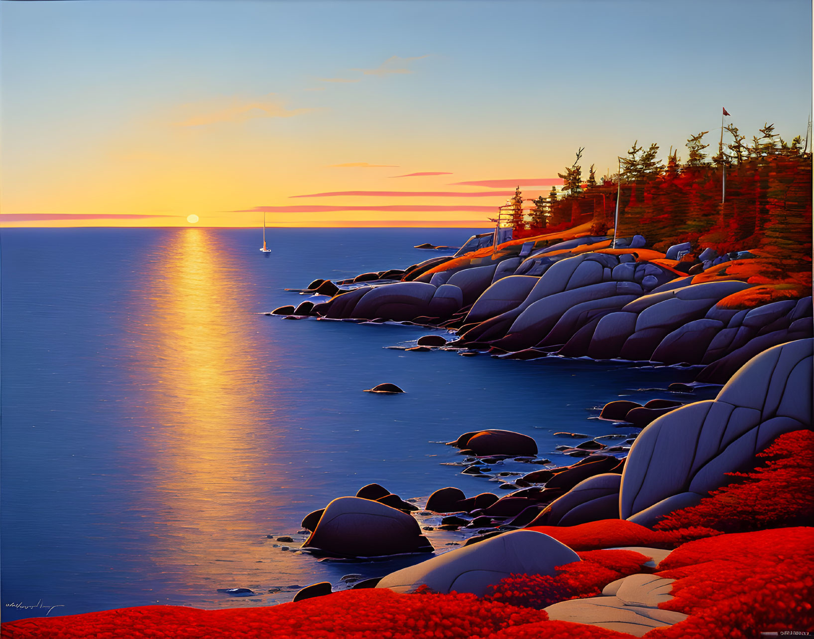 Digital art: Sunset over calm sea with sailboat, rocks, red foliage, forest, clear sky