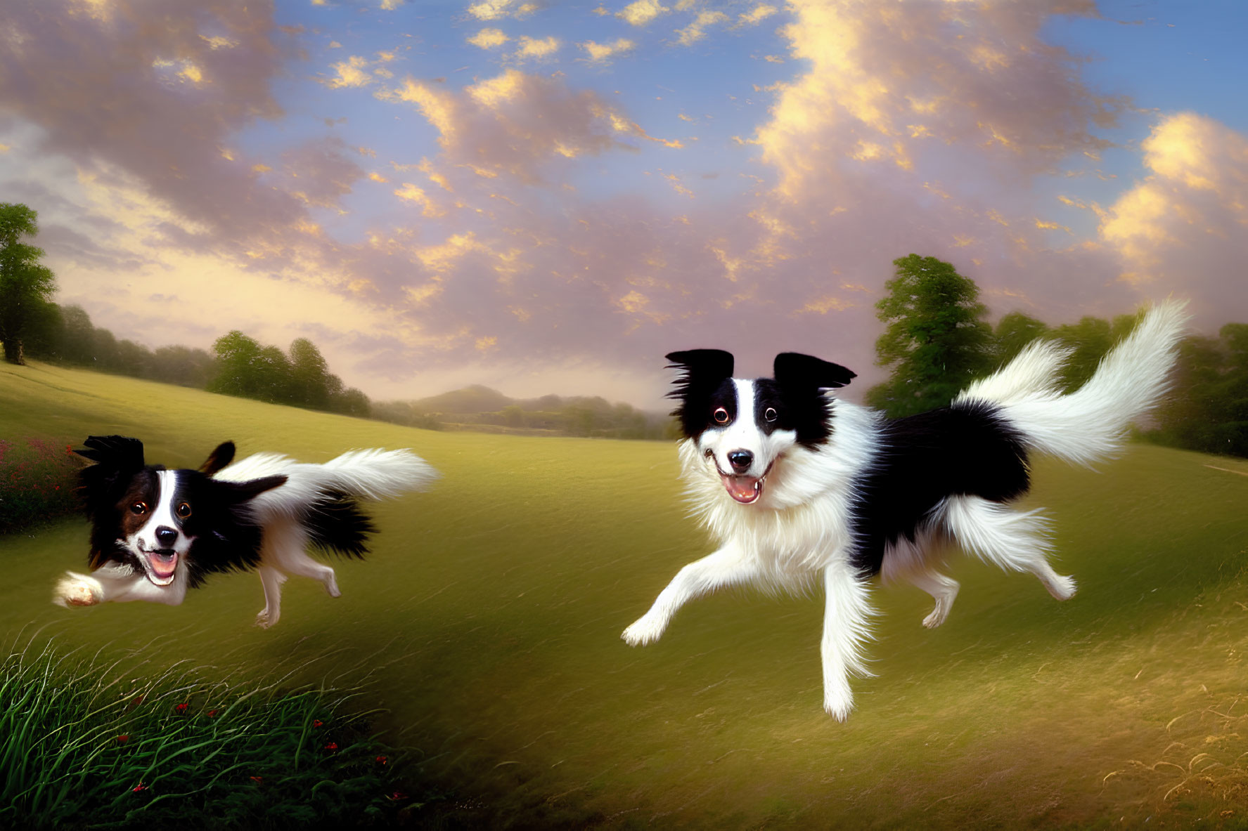 Two border collies running in field at sunset