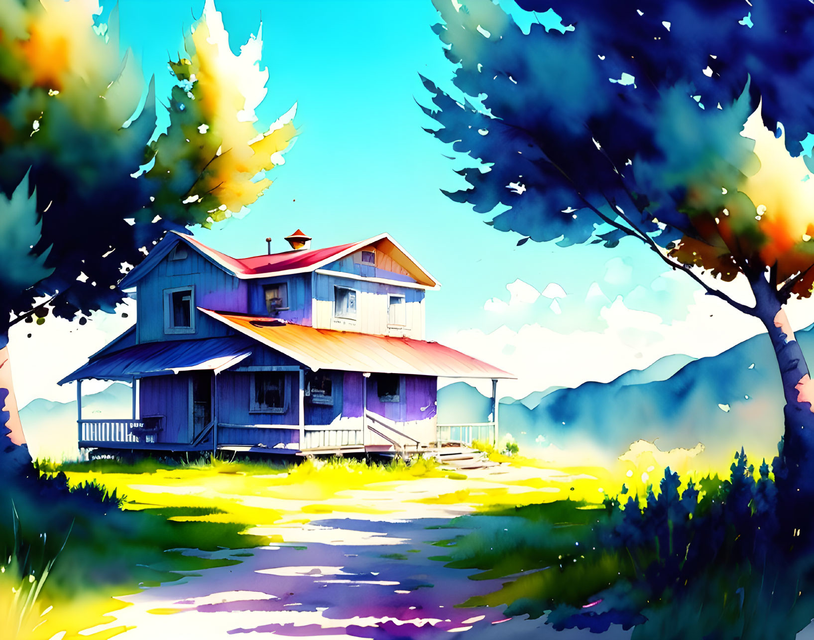 Colorful illustration of two-story house in nature setting