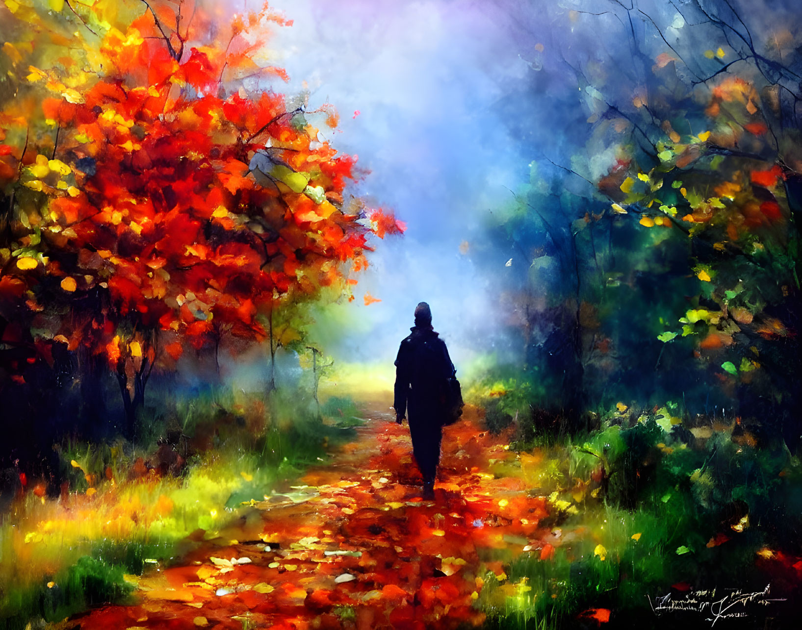 Autumn scene: Person walking on vibrant path with colorful trees and misty background