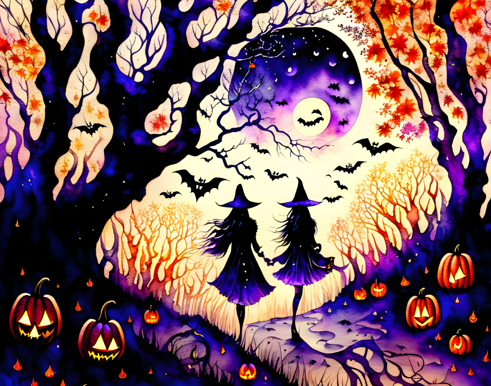 Spooky Halloween-themed illustration with witches, jack-o'-lanterns, trees, and moon