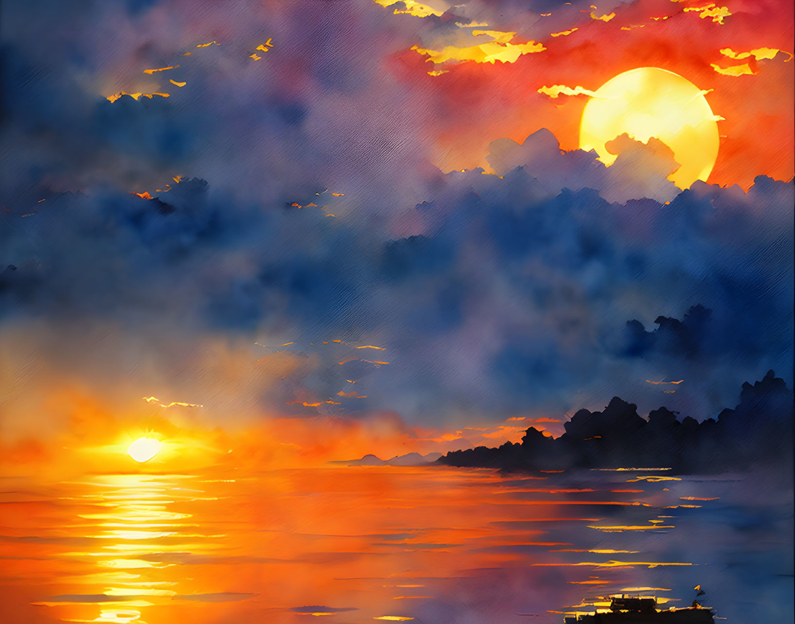 Colorful sunset painting with red sun setting over ocean and orange clouds in sky.