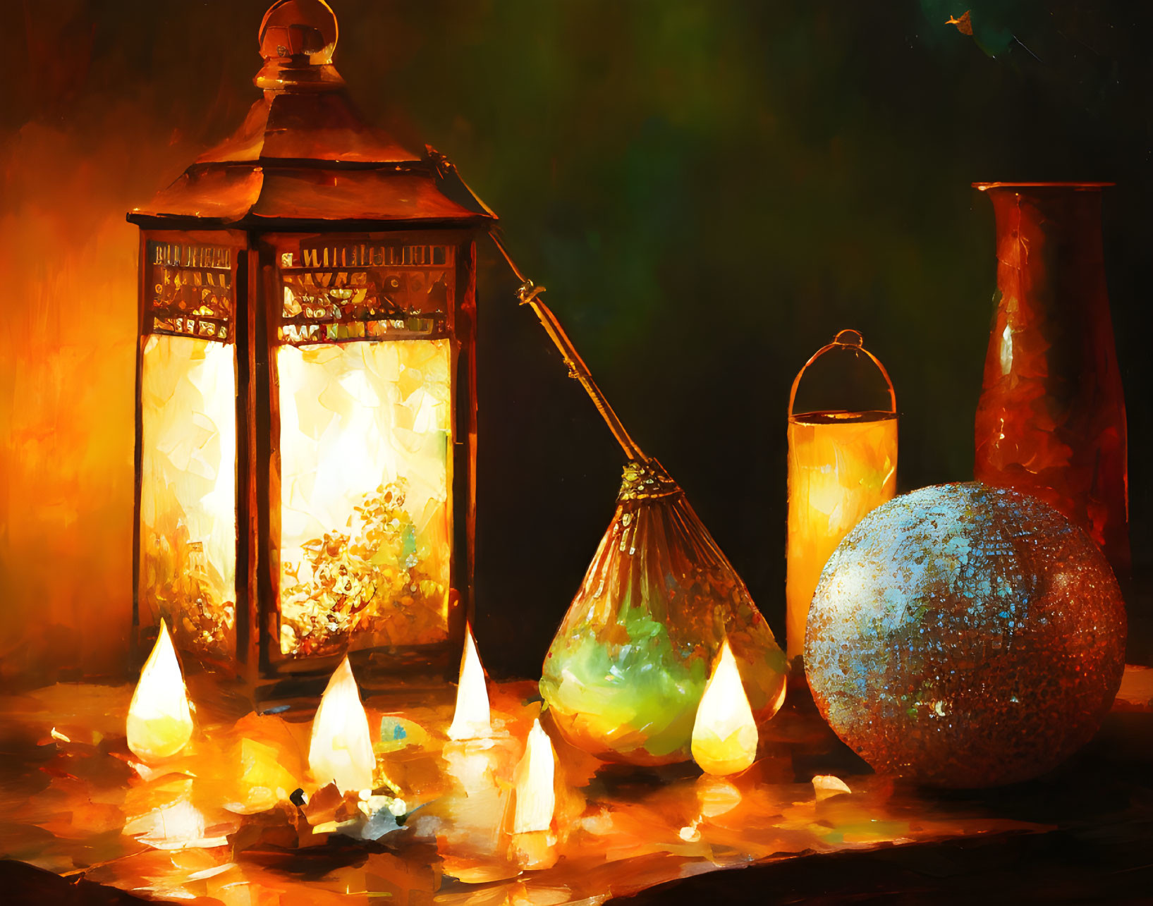 Glowing still life painting with lantern, candles, vase, and textured ball