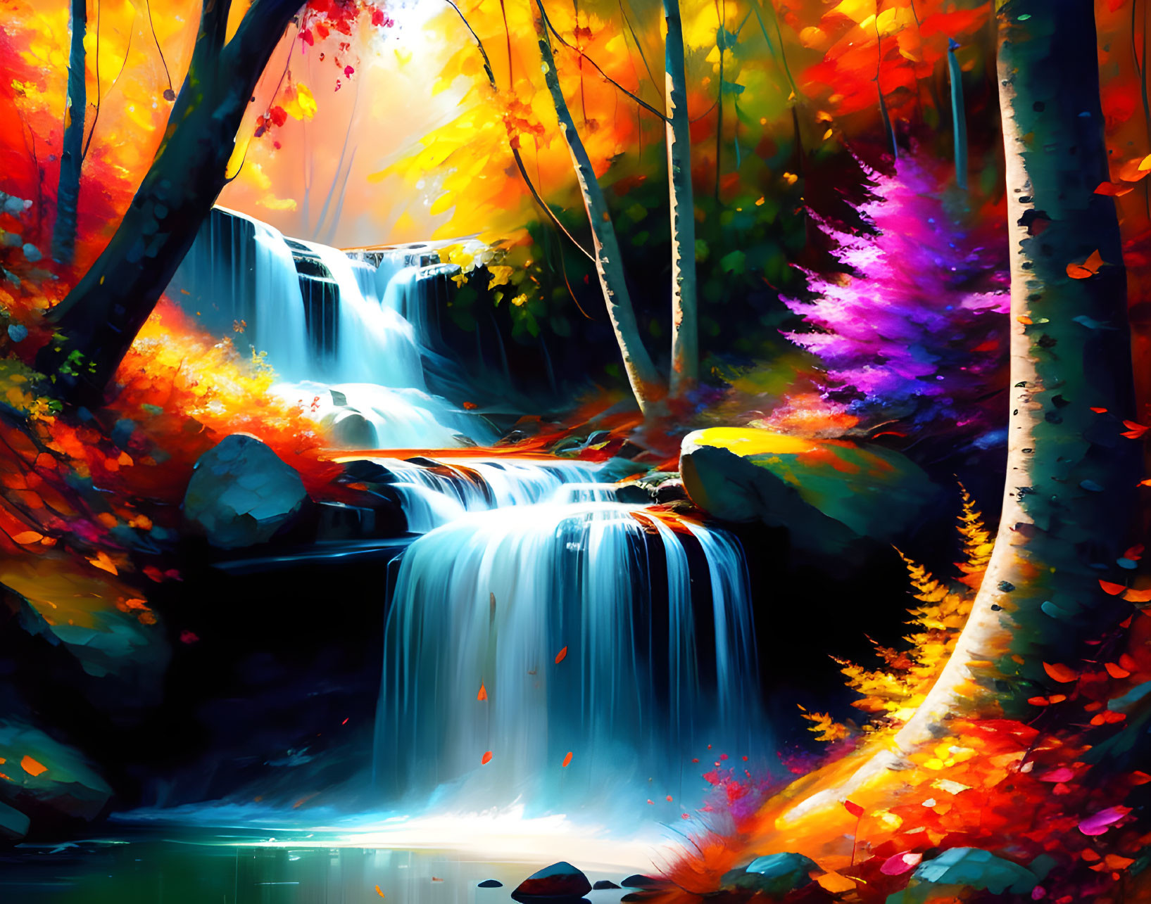 Colorful autumn forest waterfall digital painting