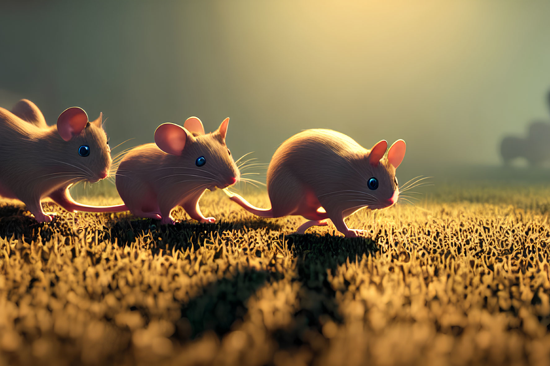 Three animated mice in a row under warm sunlight