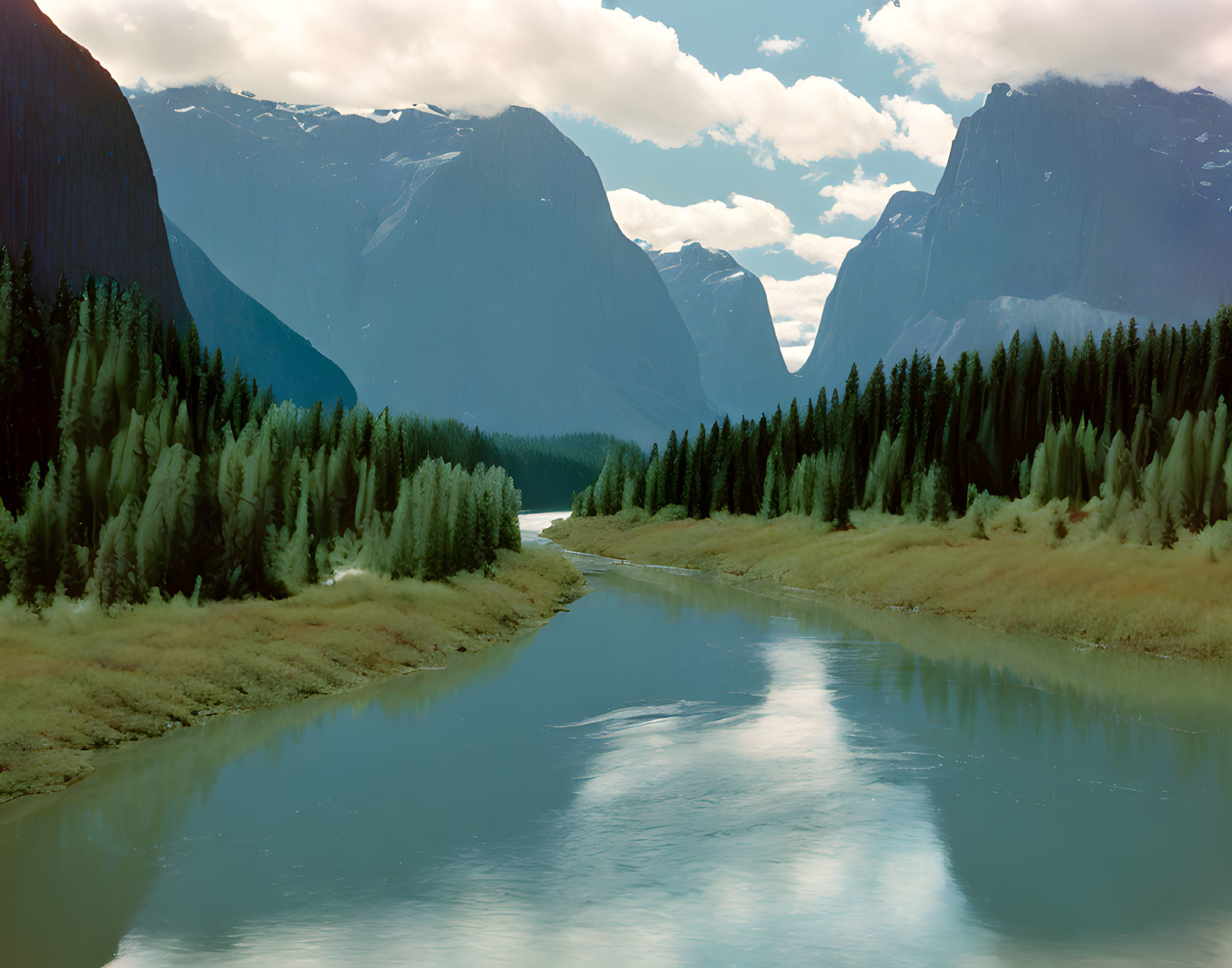 Tranquil river in lush valley with towering cliffs and coniferous trees