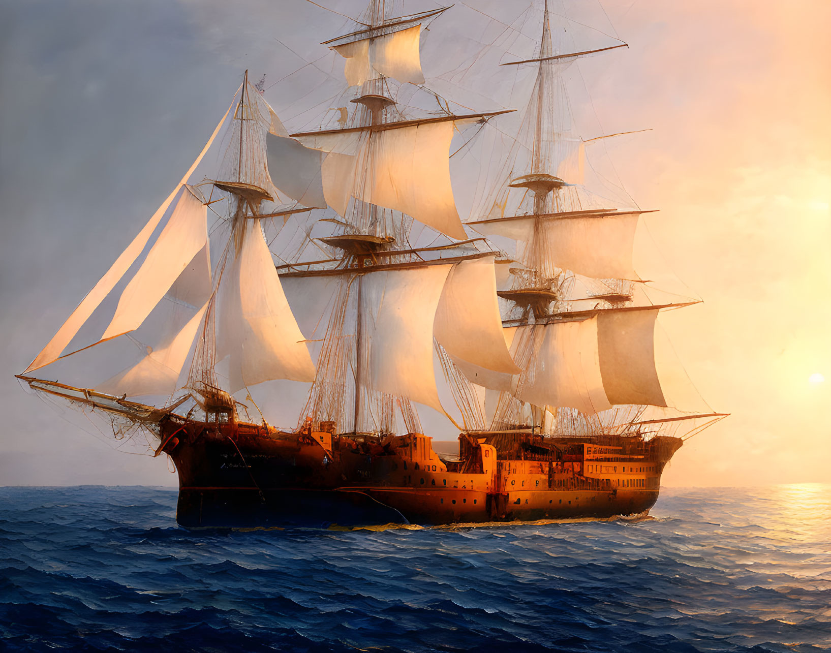 Majestic sailing ship with white sails in golden sunset light