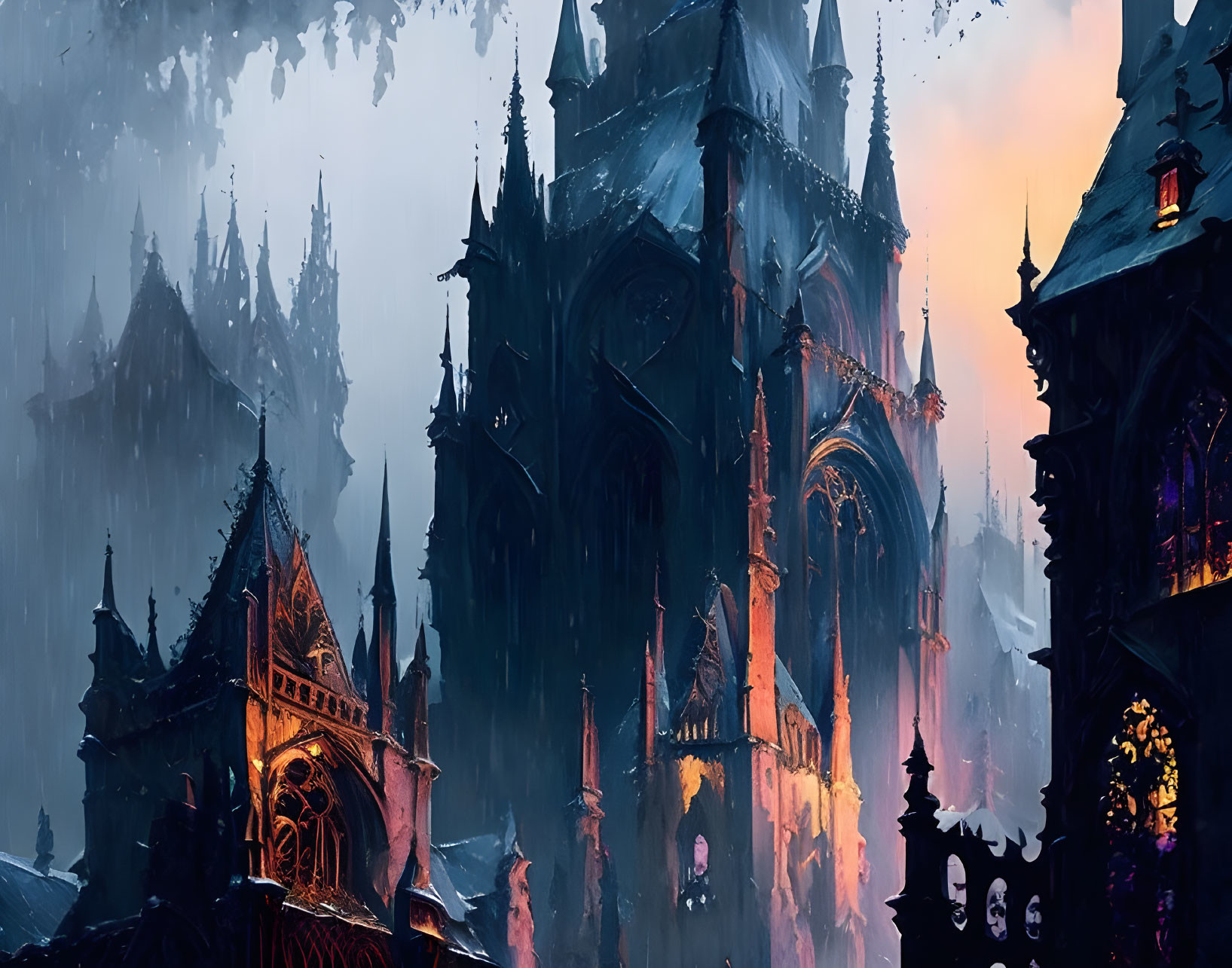 Gothic cityscape with towering spires and intricate arches at dusk