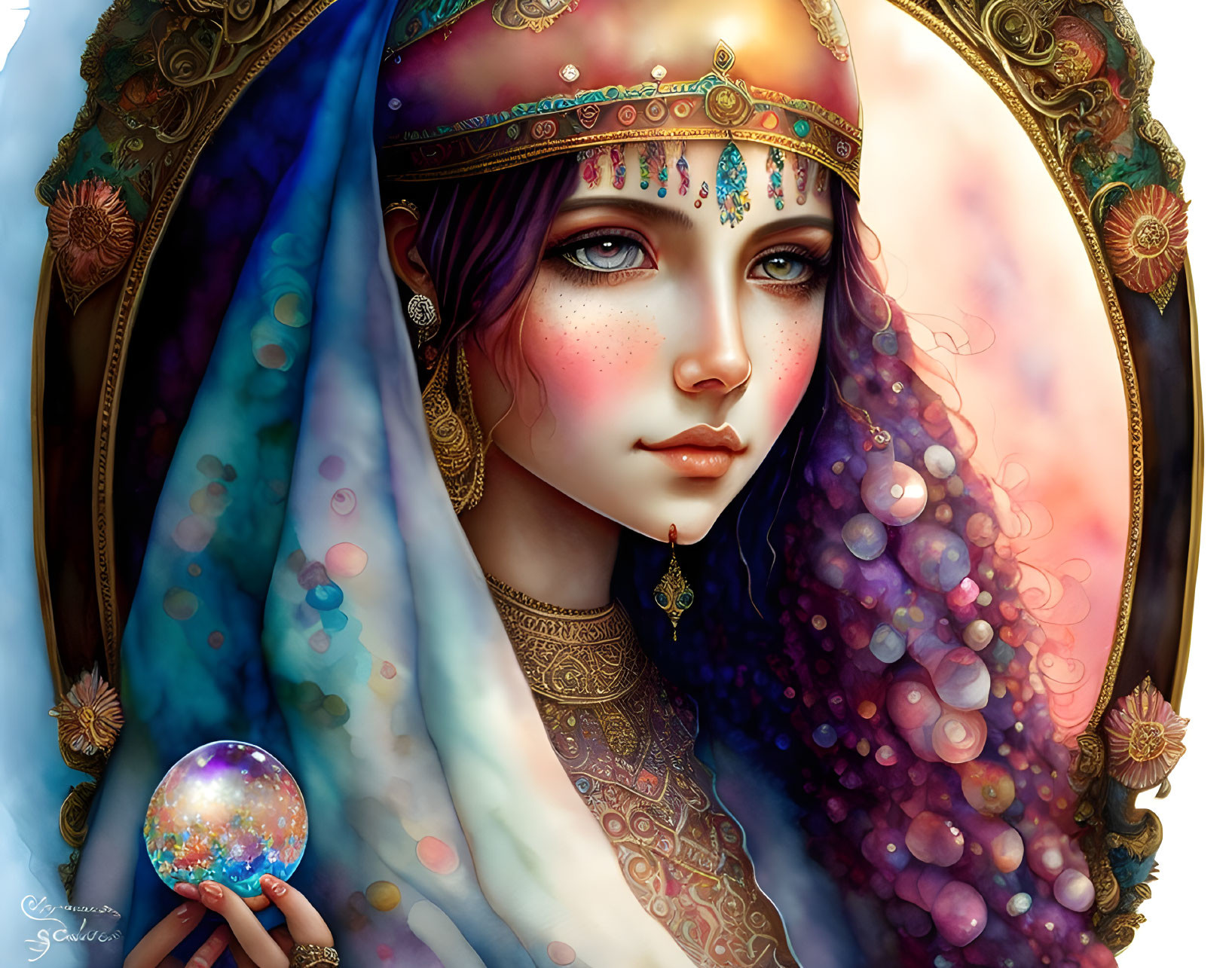 Detailed Fantasy Attire Woman Holding Mystical Orb in Ornate Frame