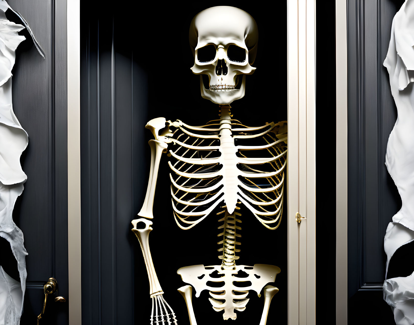 Surreal human skeleton model on dark cabinet door