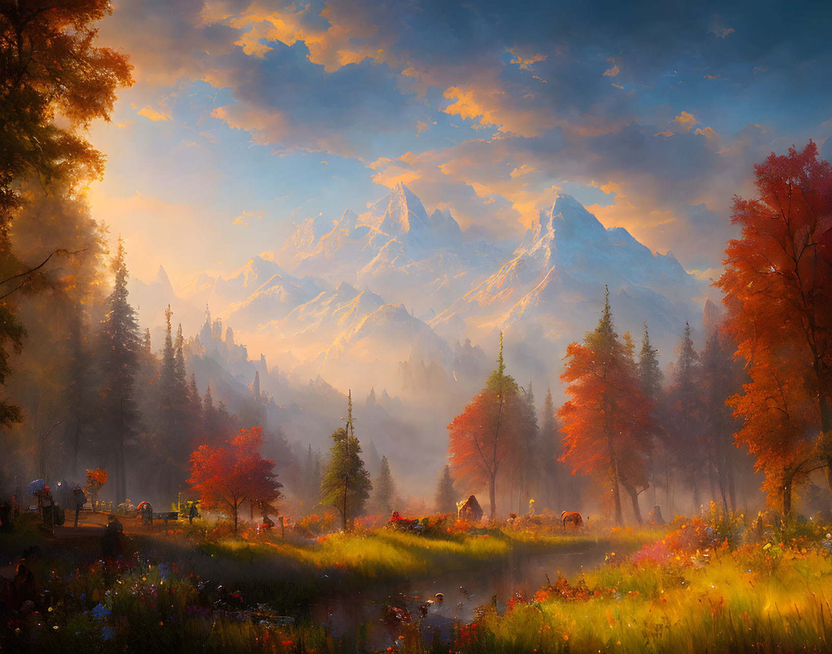 Colorful Autumn Trees in Misty Meadow with Sunlit Mountains