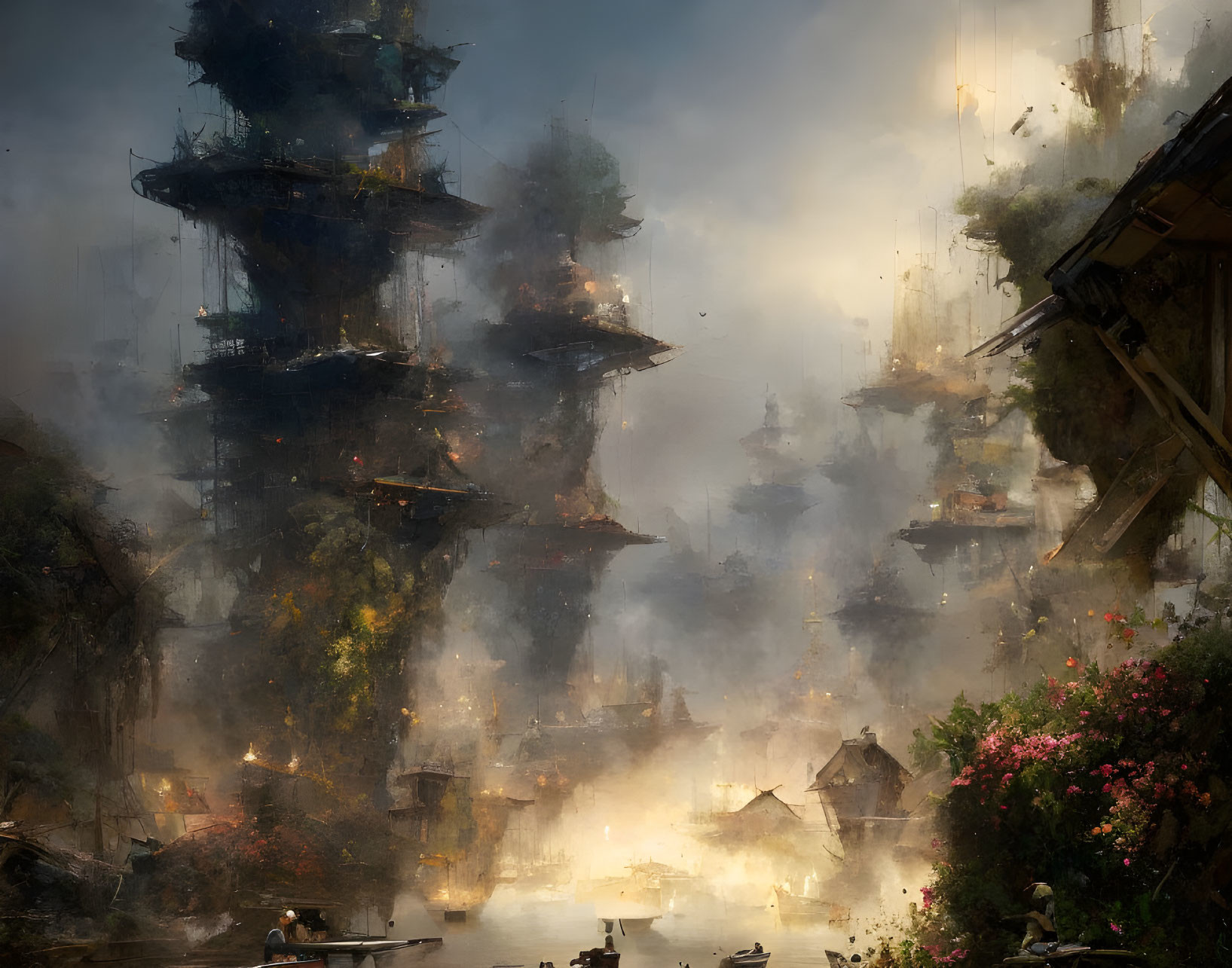 Mystical riverside village with towering tree structures in mist